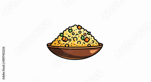A close-up of a brown bowl filled with a mound of fluffy yellow fried rice, dotted with colorful vegetables