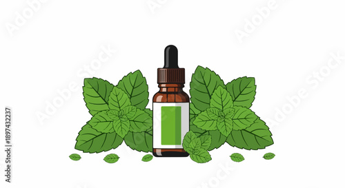 An amber dropper bottle with a green label rests amidst lush mint leaves
