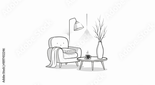 Cozy armchair with a blanket, a cup of coffee, and a vase with branches
