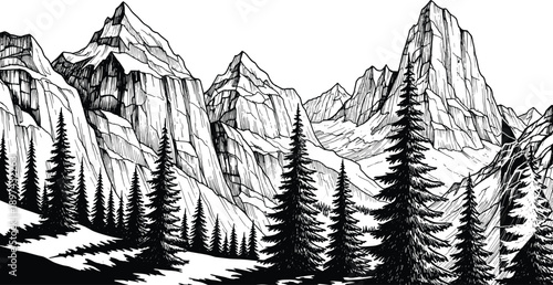 Detailed Black and White Vector Illustration of High Mountain Peaks with Pine Tree Forest Foregrounds for Outdoor Adventure and Nature Tourism Designs,