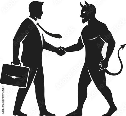 A businessman in a suit shakes hands with a devil, symbolizing a corrupt deal