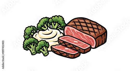 A grilled meat roast with mashed potatoes and broccoli florets is depicted