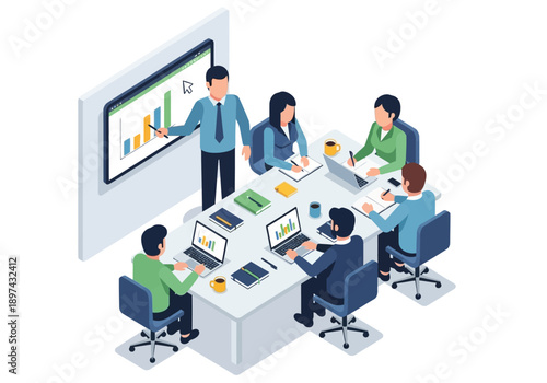 Business meeting in a modern office with a team collaborating around a table with laptops and a presentation on a screen