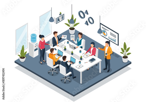 Modern Office Meeting Room with Colleagues Collaborating on a Project