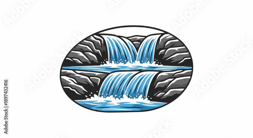 Stylized twin waterfalls cascade over layered rock formations within an oval frame