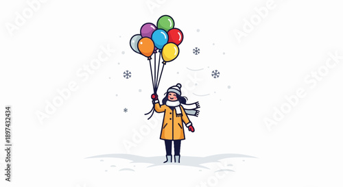 A cheerful person in winter attire holds a bunch of colorful balloons aloft amidst falling snow