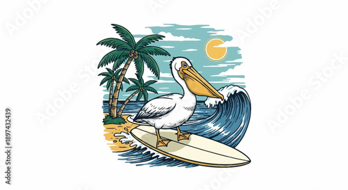 A pelican surfs a wave near palm trees under a sunny sky