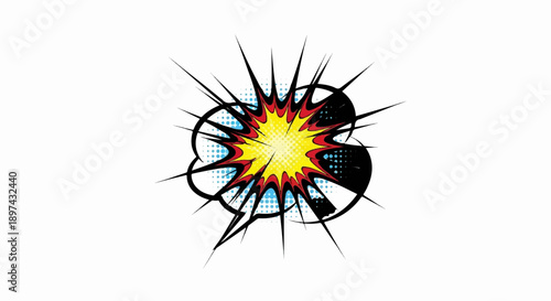 Vibrant comic book-style explosion with sharp lines radiating outwards, yellow center, red, and black accents