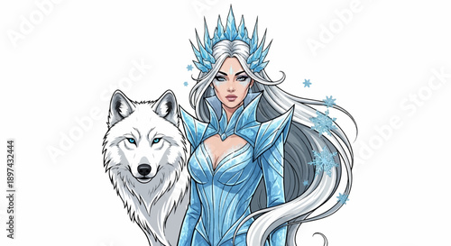 A majestic woman adorned in ice armor stands with a white wolf, surrounded by snowflakes