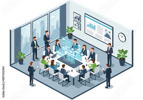 Modern office meeting room with holographic technology and business professionals collaborating on a project
