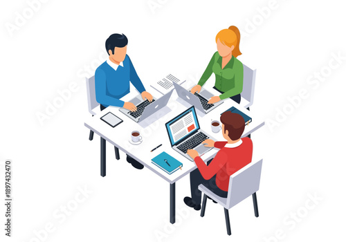Team of professionals collaborating on a project using laptops at a modern office table