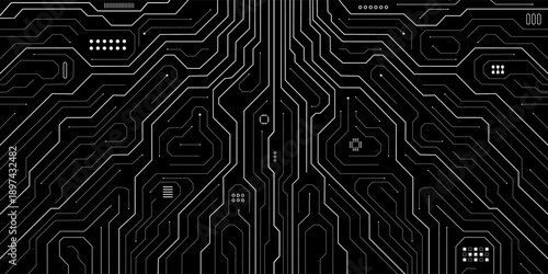 Electronic circuit on dark background. Technology innovation web banner with electronic pathways and connection points. Digital tech semiconductor pattern. Big data backdrop