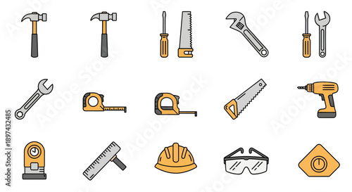 A collection of 16 hand tools and construction equipment in a flat illustration style.