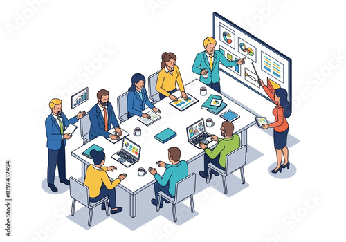 Team collaboration in a modern office meeting with a presentation board and laptops