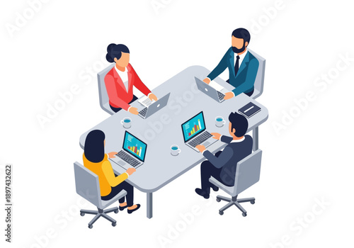 Teamwork and collaboration in a business meeting, people working together around a table with laptops