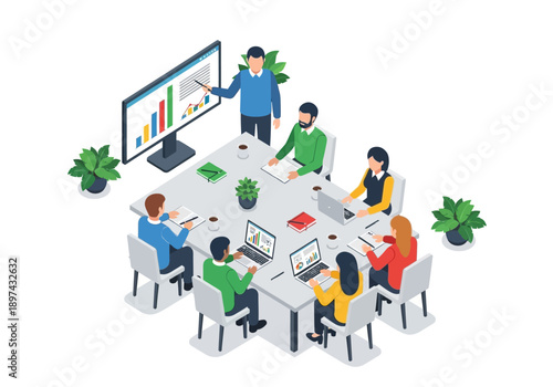 Business meeting with presentation about growth and strategy in a modern office setting