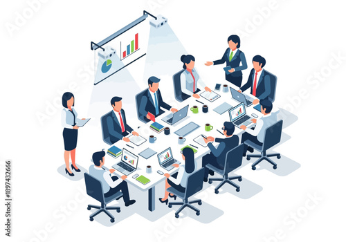 Business meeting with presentation showing growth, people collaborating around a table