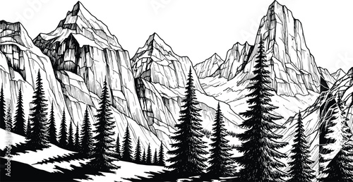 Detailed Black and White Vector Illustration of High Mountain Peaks with Pine Tree Forest Foregrounds for Outdoor Adventure and Nature Tourism Designs,