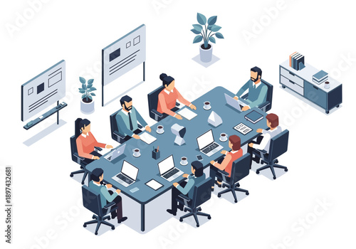 Diverse group of professionals collaborating around a modern conference table in a bright office setting