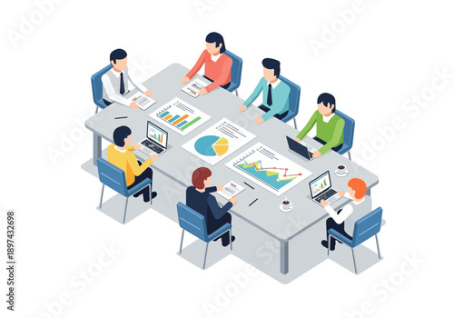 Business meeting with graphs and laptops around a conference table