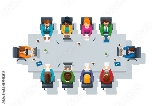 Diverse group of professionals in a strategic business meeting around a large conference table, brainstorming ideas