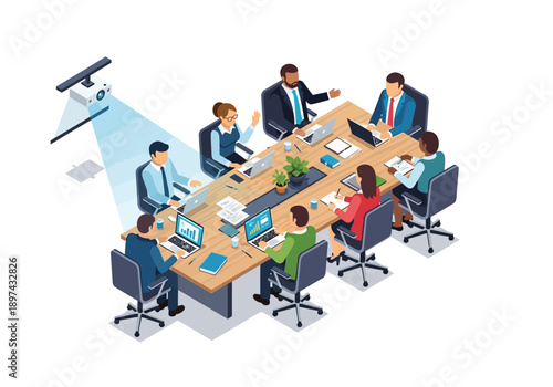 Business meeting in a conference room with a video conferencing camera projecting a beam of light