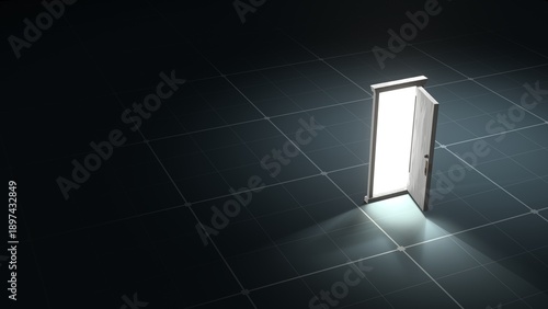 3D Open Door with Bright Light on Dark Grid Background