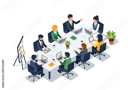 Business Meeting in a Modern Office Boardroom with People Collaborating Around a Table