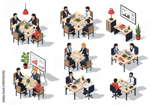 Business meeting and collaboration concept with people working around a table in a modern office setting