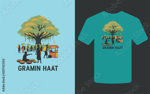 A vibrant t shirt design showcases a bustling village market scene beneath a large tree