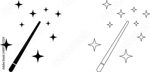 Magic Wand sparkling stars vector Silhouette  illustration, Magic Wand Star icon logo on white background  Formats Included EPS