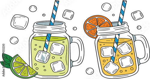Fresh summer drinks in mason jars with ice cubes, lime and orange slices, refreshing fruit lemonade vector