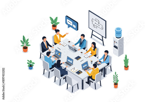 Modern business meeting in a conference room with people collaborating around a table with laptops and whiteboard