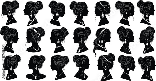Elegant Silhouette Vector Illustration Collection of Beautiful Women Profile Heads with Diverse Bun Hairstyles and Luxurious Jewelry Accessories for Fashion and Beauty Design