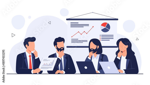 Diverse business team in a meeting, presenting financial data on screen and laptops.