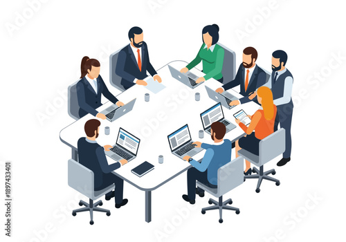 Business Meeting in a Conference Room with People Using Laptops Around a Table