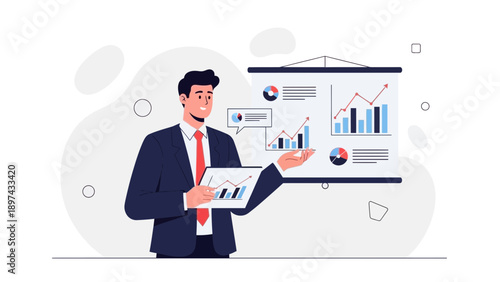 Businessman presenting financial growth charts on a whiteboard and tablet