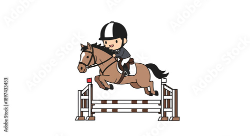 Equestrian sport illustration, vector style graphic, horse jumping over obstacle, competition, hobby