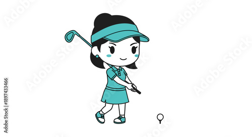 Female Golfer Vector Illustration, Sportswoman Swinging Golf Club, Flat Design, Active Lifestyle