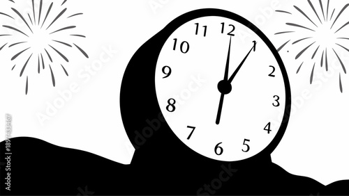 Midnight countdown with fireworks and clock striking twelve