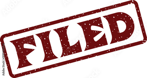A red grunge textured rubber stamp on a white background displays the word FILED in bold capital letters