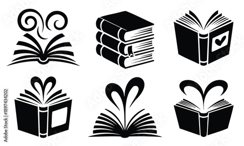 Set bundle world book day silhouette open books isolated black white