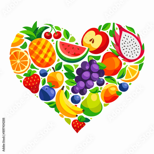 Colorful Fruit Heart Collage, Healthy Nutrition Concept with Tropical and Berry Mix