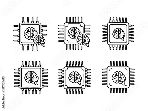 Brain Chip: A collection of intricately designed computer chips, each embedded with a detailed brain graphic, symbolizing the intersection of technology and the human mind. 