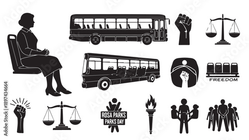 Woman Sitting on Chair with Bus and Justice Symbols