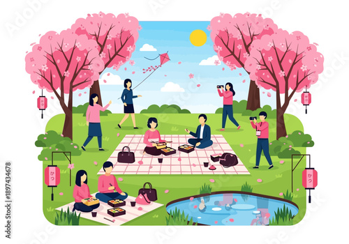 People enjoying a beautiful spring picnic under blooming cherry blossom trees with a pond and a kite flying