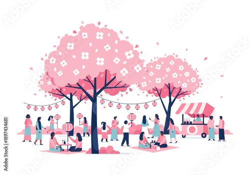 Cherry Blossom Festival Celebration with People Enjoying Outdoor Activities Under Blooming Trees