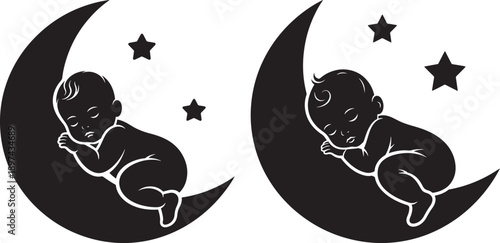 Two black and white silhouette illustrations of babies sleeping peacefully on crescent moons, surrounded by stars.
