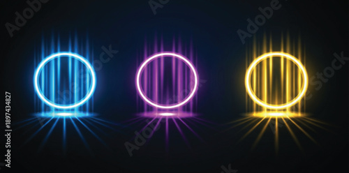 Abstract Neon Glowing Circle Background Set with Futuristic Light Rings, Vibrant Colors, and Digital Energy Effects for Modern Design