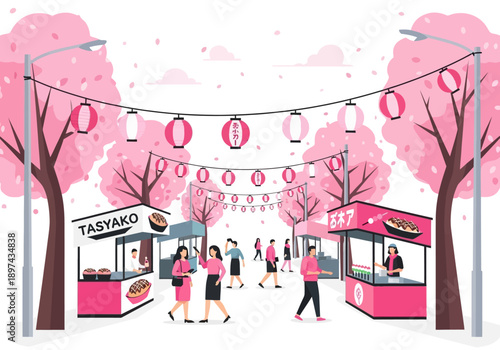 Vibrant street fair illustration with cherry blossom trees and food stalls